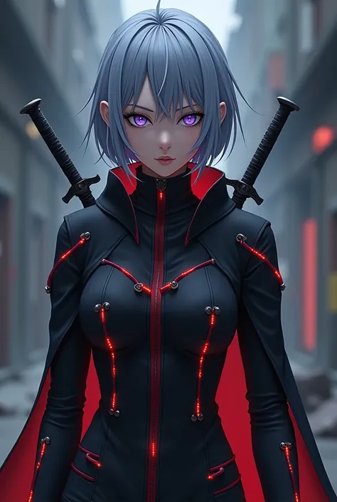 Outfits that are inspired by the Bloodforge power, that are mostly black and the decorations are small red stripes and small tubes where the blood passes through but in red., but has two small swords on her back and is a woman with short ash-blue hair, whi...