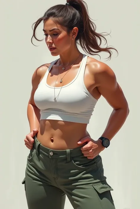 Woman of medium height sweating with hair tied in a ponytail with a big ass in canvas pants and a white blouse with her tits sticking out