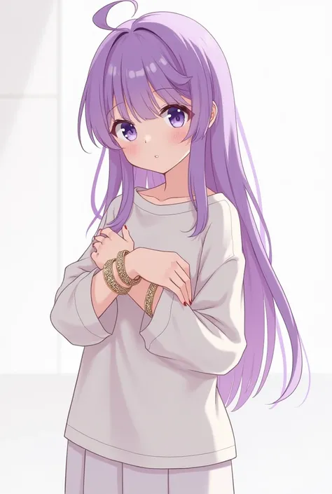 Make a picture of a long purple-haired anime with a flat chest wearing an oversized shirt and a minimalist white skirt wearing a shiny bracelet with sharp eyes, a cute, pretty face and a teenage age, add a hugging pose