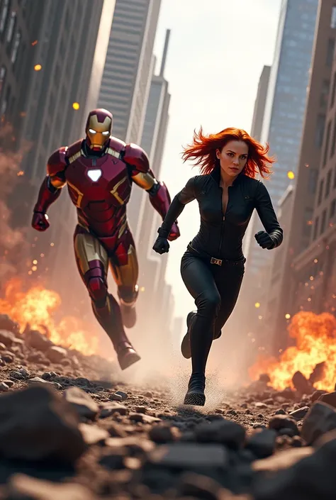 Black Widow runs desperately towards Iron Man 