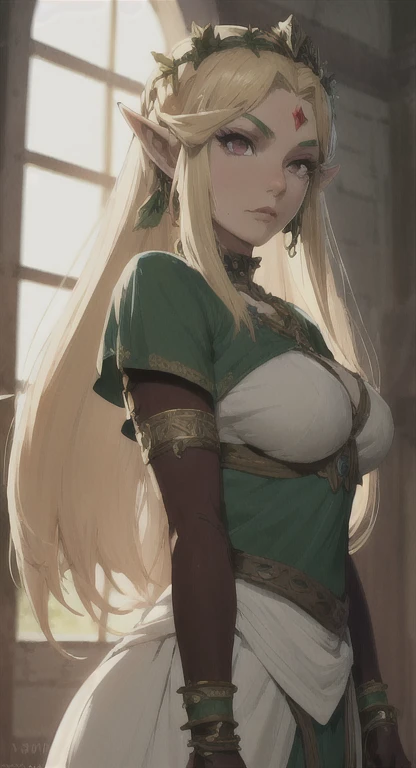 Ancient Hylian, Devine heroine, princess Hylia, blonde, red eyes, glaring at viewer, ancient Devine armor, long messy hair, ancient Hyrule, medieval Town, 