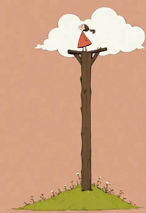 Ewa Poklewska-Koziełło in style of Mike Azevedo，Cartoon graffiti ， standing on a wooden stake looking into the distance，White Cloud，Fear of heights，whole body, Solid color background