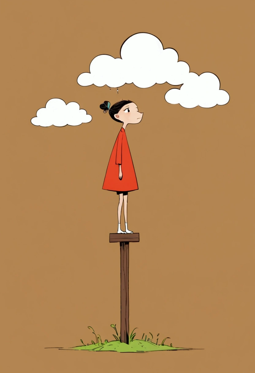 Ewa Poklewska-Koziełło in style of Mike Azevedo，Cartoon graffiti ， standing on a wooden stake looking into the distance，White Cloud，Fear of heights，whole body, Solid color background