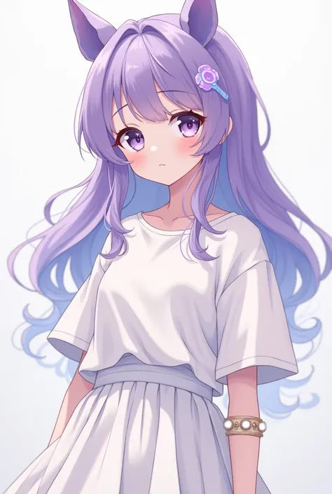 Make a picture of a long purple-haired anime with a flat chest wearing an oversized shirt and a minimalist white skirt wearing a shiny bracelet with sharp eyes and a cute, pretty face and a teenage age with an inviting pose.