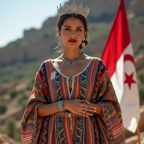 The image shows a young woman wearing a traditional Kabyle dress, a vibrant and intricately embroidered garment from the Kabylie region of Algeria. She is standing in front of a rocky landscape, likely a mountainous area reminiscent of the Kabylie region. ...