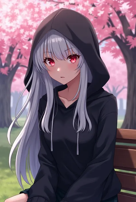 ((Best Quality)), ((masterpiece)), (detailed), A girl with long white hair and crimson eyes with a tough and dominant appearance is wearing a black hooded sweater sitting on a bench in a park where there is a cherry tree ((realistic anime style))