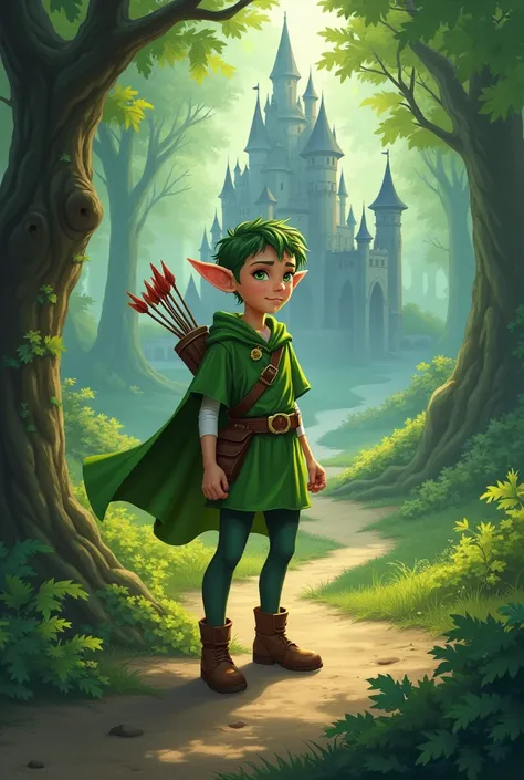 Create a cute and brave green elf who will save a princess from an evil witch