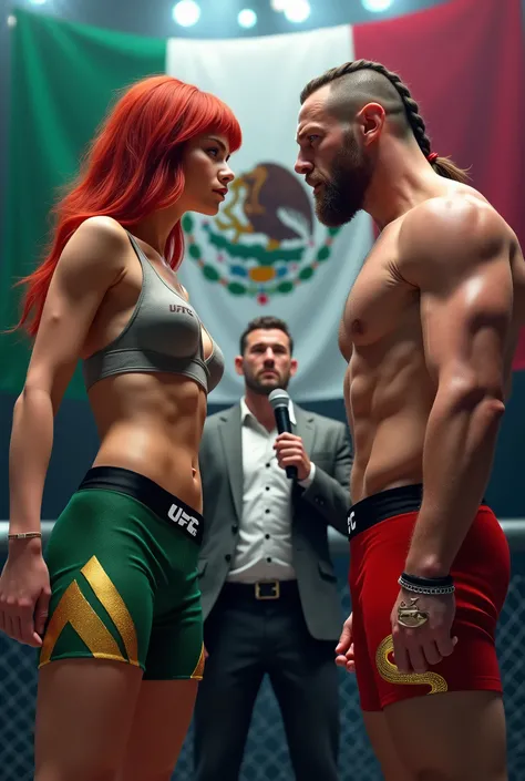 defined abs, petite and beautiful white woman redhead wearing red shorts with UFC logo and red Ufc top vs Hugh Jackman with shaved sides of the head and long braid wearing green shorts with UFC logo and, UFC fight poster, November 26, UFC 321, realistic, U...