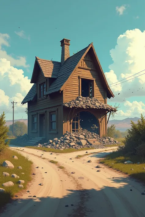 create an image of a house that exploded in a somewhat obscure setting in a small village but with asphalt, wooden house that exploded on one side
