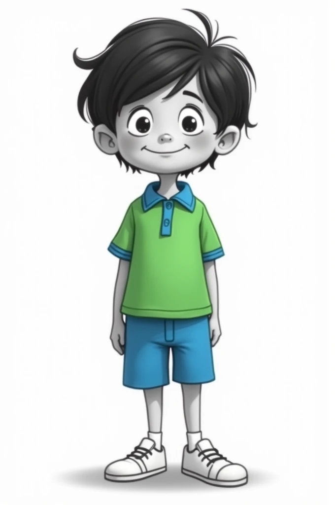 I would like a 2D cartoon in black and white with a white background, of a child in kindergarten with his uniform consisting of a green polo shirt with electric blue stitching and collar and electric blue shorts, with white sneakers.