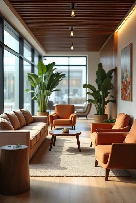 Waiting room with plastic wood chairs, for a business, but it looks friendly and they are sofas. Less familiar
 