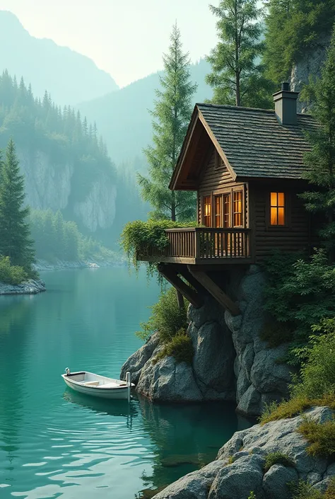 A richly small, richly house with a wooden balcony and stairs on a cliff, a white boat on the water in front of it, a turquoise green lake surrounded by a forest