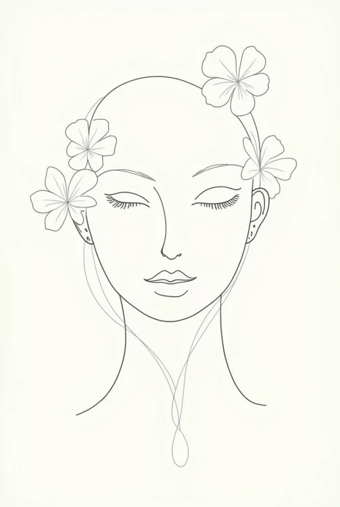 One line drawing of face and flowers