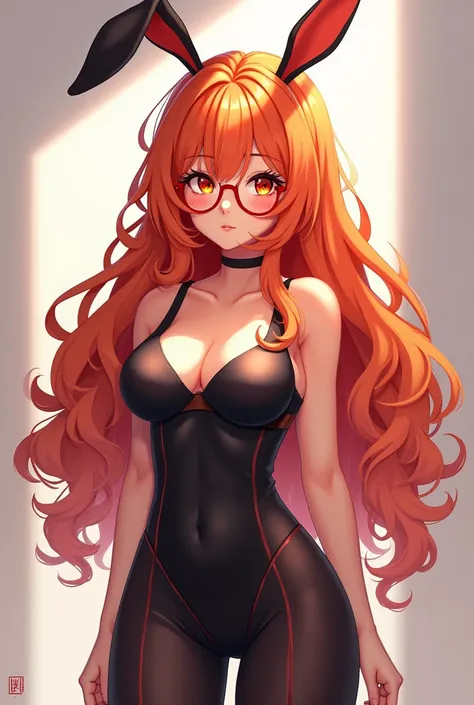 Anime girl 
girl with bunny ears, orange hair, perfect body and red glasses. full body and tight clothing and long curly hair
