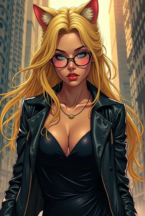 woman with long blonde hair, Cats ears, freckles, wearing round glasses and a black dress with a leather jacket image in the style of Marvel comics 