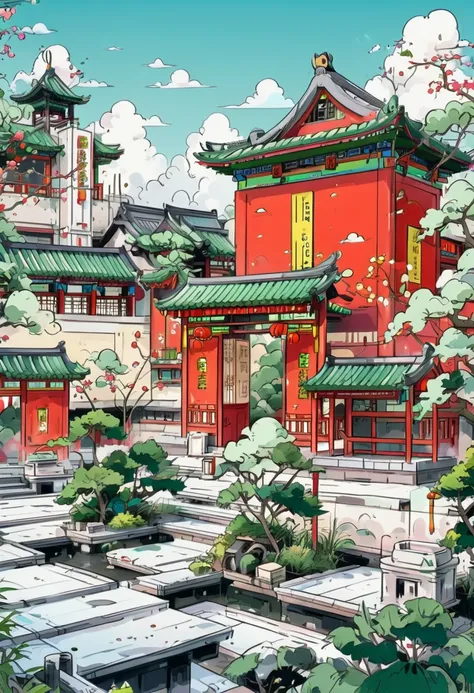 Miyazaki Hayao style, A tall red and green temple in the background with white clouds., Surrounded by traditional Chinese buildings and colorful characters., vibrant colors, cartoon style, Very detailed, ultra high resolutions, 32k UHD, masterpiece, Best Q...