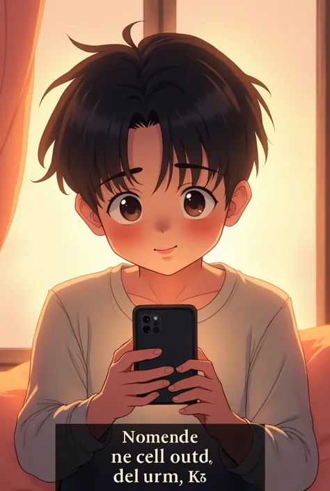 I want an anime style image showing a young Korean boy with black hair., holding a phone in his hand and looking at the screen with a loving expression. The character must not wear accessories on the ears. The background should have soft and warm colors th...