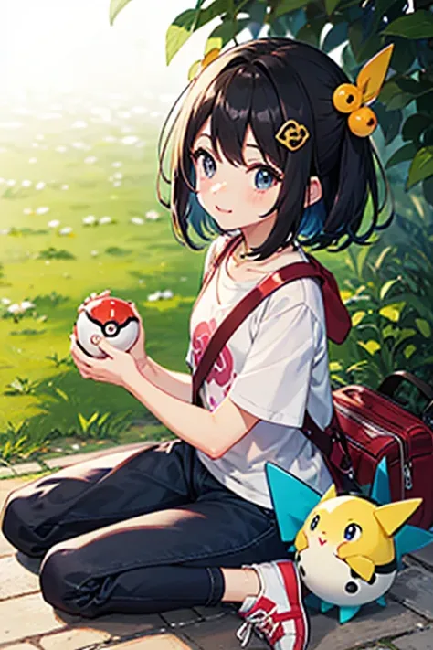 Highest quality、whole、Black Hair、Iris、short hair、Girl、cute、、Petite、Small hair ornament、1 person、Pokémon Trainer、Poké Ball in hand