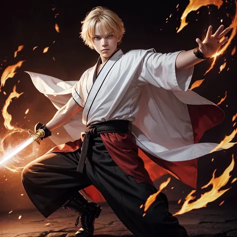 a blond boy with medium hair and red eyes wearing black pants and boots, wearing a white upper kimono, holding a magic sword emanating energy, with arms raised holding the sword, attack pose, young warrior, Full-body image