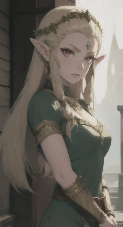 Ancient Hylian, Devine heroine, princess Hylia, blonde, red eyes, glaring at viewer, ancient Devine armor, long messy hair, ancient Hyrule, medieval Town, midnight,