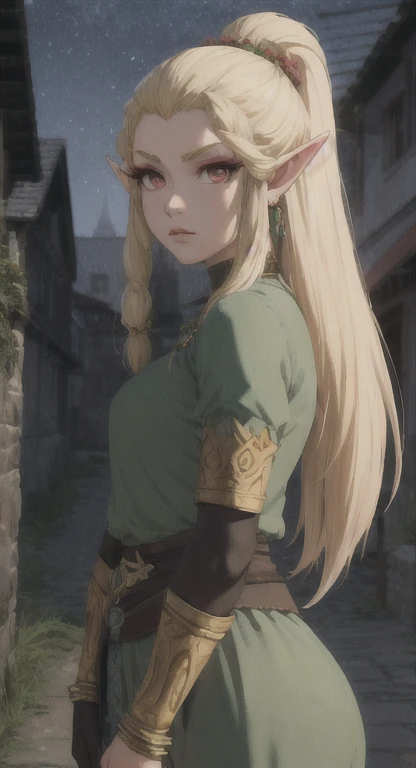 Ancient Hylian, Devine heroine, princess Hylia, blonde, red eyes, glaring at viewer, ancient Devine armor, long messy hair, ancient Hyrule, medieval Town, midnight,