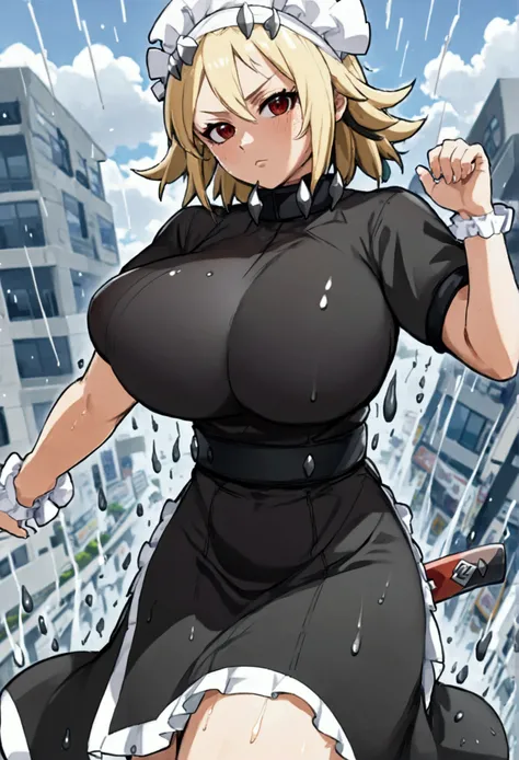 (8k, Highest quality, Anime Style, View your viewers, Intricate details:1.3),(One woman, Tsunade from naruto, Big Breasts, I can see the valley), (black and white maid outfit, See-through, Sweating, The whole body is visible, Being hit by rain, Soaking wet...