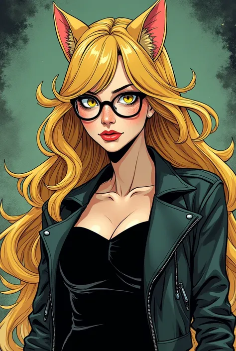 woman with long blonde hair, Cats ears, 
yellow  eyes, freckles, wearing round glasses and a black dress with a leather jacket image in the style of Marvel comics 