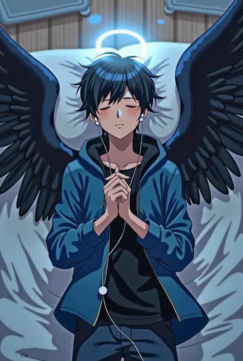 man,anime,brown skinned,style clothes,blue and black clothes,kid,Bblack hair,eyes black,lying in the bed,earphone,angel,Black Wings,eyes locked,without halo,dreamy 