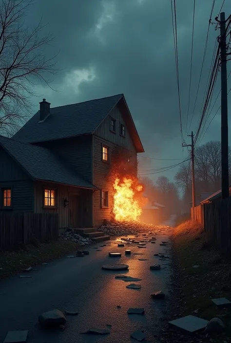 create an image of a house that exploded in a somewhat obscure setting in a small village but with asphalt, wooden house that exploded on one side an asphalt street, On a dark night, and more destruction of the house, I want the same image from another ang...