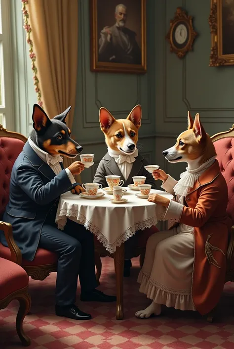 dogs dressed in Victorian England style drinking tea