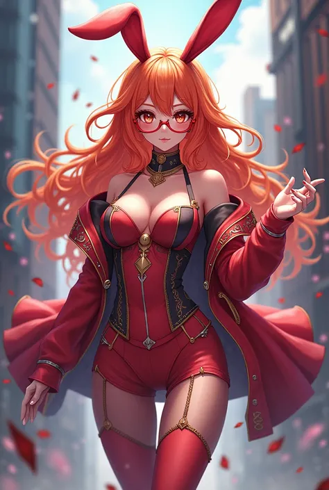 Anime girl 
Girl with bunny ears, orange hair, perfect body and red glasses. full body and epic clothes and long curly hair