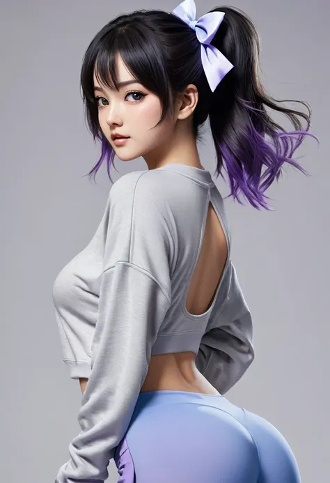 Shinobu kochou, realistic, Create a vibrant illustration of a confident character with short, tousled black hair featuring purple tips and a playful bow on top. She has large, expressive purple eyes that radiate friendliness and energy. Dress her in a crop...