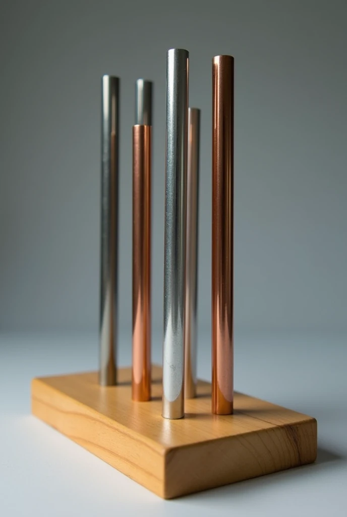 Cylindrical bars of materials with different conductivities (PVC, aluminum and copper) of the same height, embedded and perfectly aligned in a vertical wooden base. Lenz&#39;s law physics experiment
