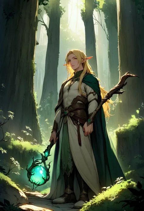 "Create an image of a young, handsome elf with a muscular, defined body and long blonde hair. He is standing in a lush, mystical forest surrounded by ancient, overgrown ruins. The elf is holding a staff with a glowing green crystal orb at the top, which ca...