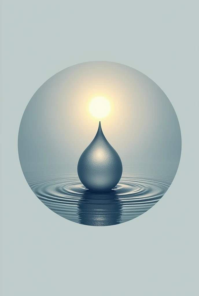 Create a logo in which inside a circle there is a silver surrounded by a drop of water and a sun that is minimalist
