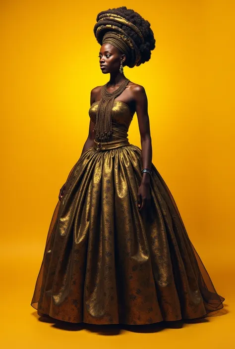 

Main color: Mustard yellow A feminine figure inspired by traditional African silhouettes, possibly a pomba-gira. overskirt rodada e turbante, both with elements of the central figure: A woman with the characteristic posture and features of the pomba-gira...