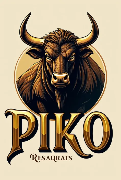 Restaurant logo with the name written in golden piko, that carries a bull