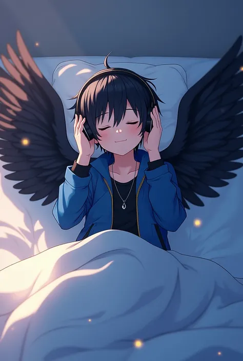 man,anime,brown skinned,style clothes,blue and black clothes,kid,Bblack hair,eyes black,lying in the bed,earphone,angel,Black Wings,olhos fechados,dreamy,mãos no fone na orelha 