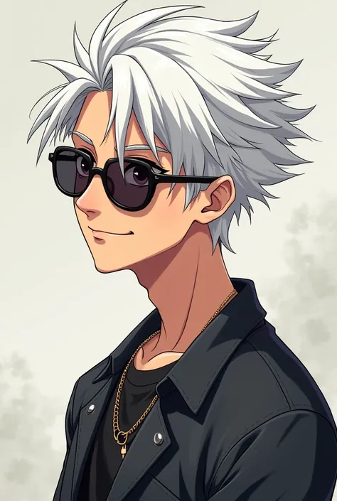 Make a profile picture of an anime boy with white hair wearing sunglasses and a smile, e de o nome de near, make it more sideways, cool style