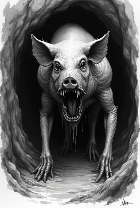 Create an illustration, black and white and it looks organic and it looks terrifying . The Cuchivilu is a degenerate pig that lives in hidden caves and swamps in Chiloé. It has a distorted appearance and prefers damp and dark environments.. It is solitary ...