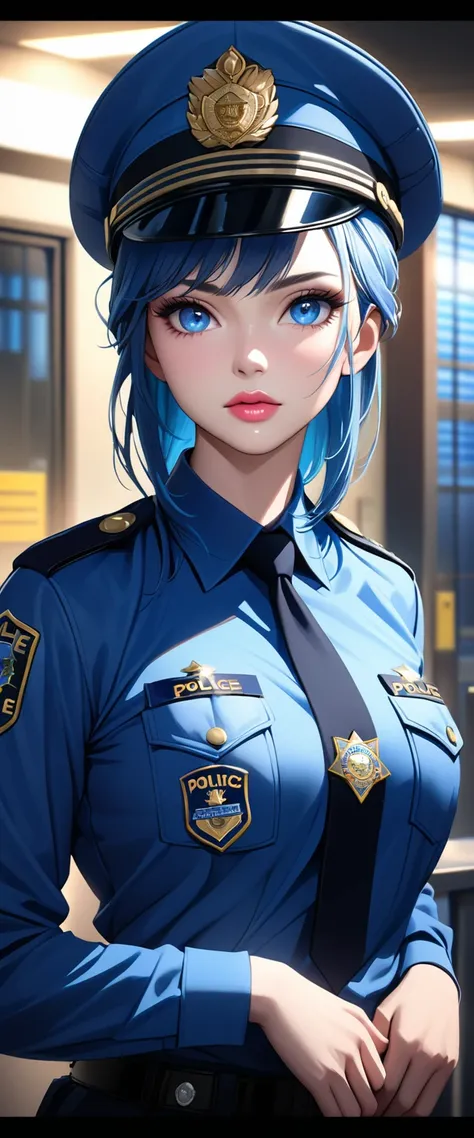 a police woman, detailed facial features, beautiful blue eyes, gorgeous lips, flawless skin, long lashes, strict expression, professional uniform, standing pose, police station background, realistic lighting, high quality, photorealistic, 8k, masterpiece, ...