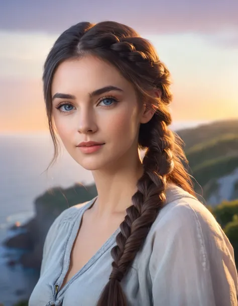 A photorealistic image of a beautiful young woman with long, dark hair styled into a loose side braid, standing on a cliff overlooking the ocean at sunset. Her bluish-gray eyes reflect the colors of the sunset as she holds a flower in one hand. She wears a...