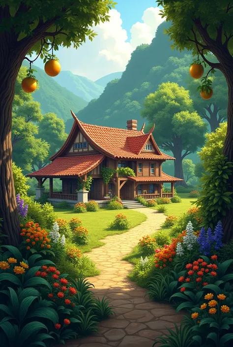 The village in forest with flowers and fruits big red telhado