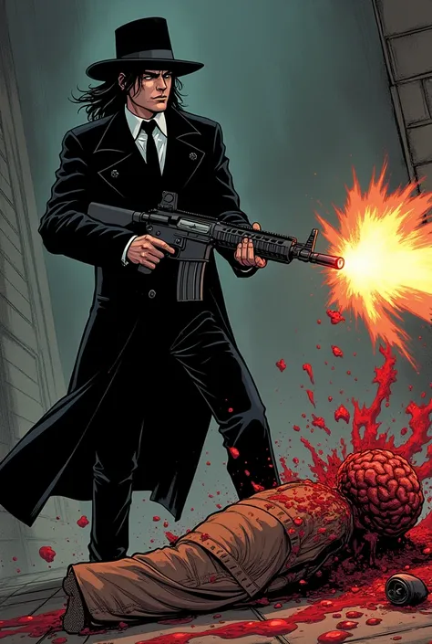 Comics style, Un jeune homme avec une longue veste noir et un chapeau noir avec de long cheveux noir,  il tue un homme mal habillé avec son gros fusil canon, la tête de lhomme explose de sang, répandant sa cervelle de partout, dark comics style, gore,  