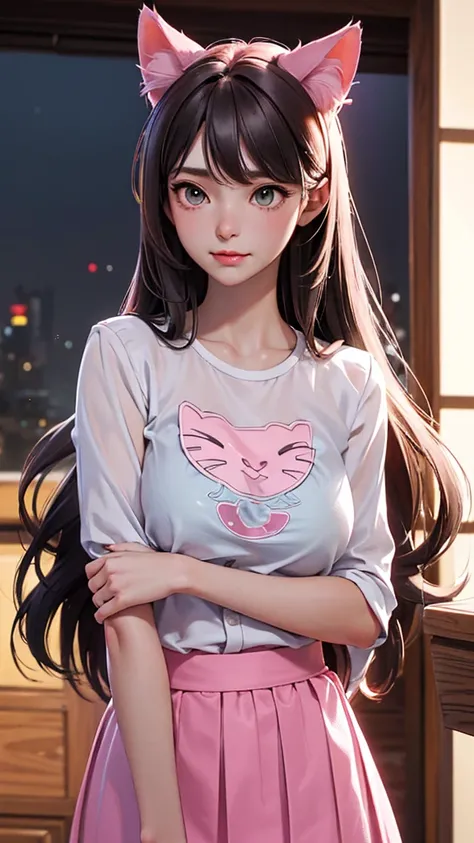 (high resolution, upper body, soft skin:1.2),(best illustration,masterpiece:1.2),ultra-detailed,[(cat ears , gray inside:1.2, brown cat eyes, rainbow long hair, large breast),vivid colors,sharp focus,portrait, beach lighting,bokeh, wearing a pink blouse an...