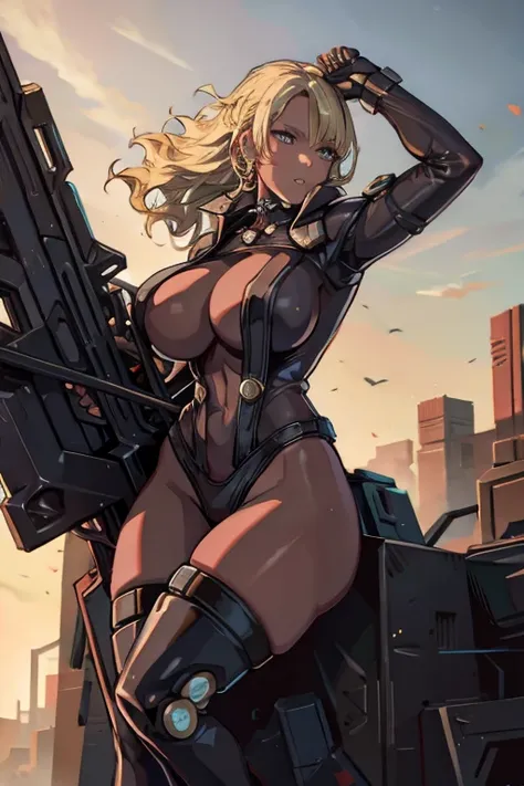 sf,cyber punk,near future,a ruined world,busty women,mechanical arm,machine joints,blonde,long hair,curly hair,knee up,