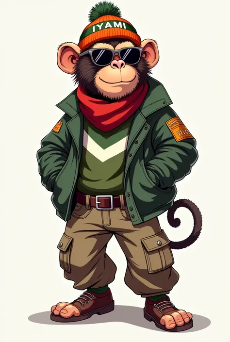 logo illustration of a confident monkey, red scarf, timberland boots, IYAMII in all caps on burnt orange and green winter hat, tinted shades, green and white V-neck sweater, khaki baggy cargo pants, military jacket