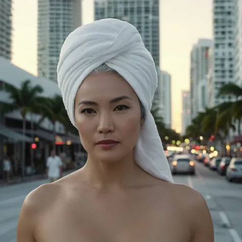 cinematic film still of bright light, bright, a middle age d sexy gray haired still very young looking Asian woma n wearing only a white towel on her head completely covering her head and she is naked full body view she is walking around the city of Miami ...