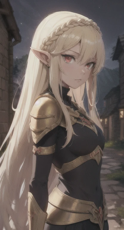 Ancient Hylian, Devine heroine, princess Hylia, blonde, red eyes, glaring at viewer, ancient Devine armor, long messy hair, ancient Hyrule, medieval Town, midnight,