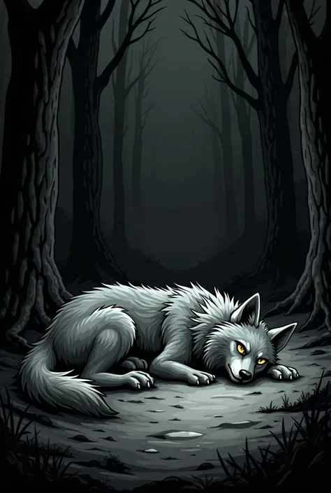 a hybrid creature of werewolf and feline this animal has gray fur, she is unconscious in a dark forest. full body image of the creature. 
black and white image Cartoon style image